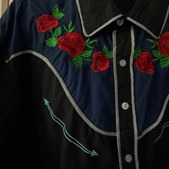 Coofandy Western Cowboy Shirt Black Blue Rose Embroidered Long Sleeve XX Large - Picture 7 of 16